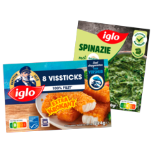 Iglo vissticks, spinazie boursin, bladspinazie, bloemkool of prei à la crème